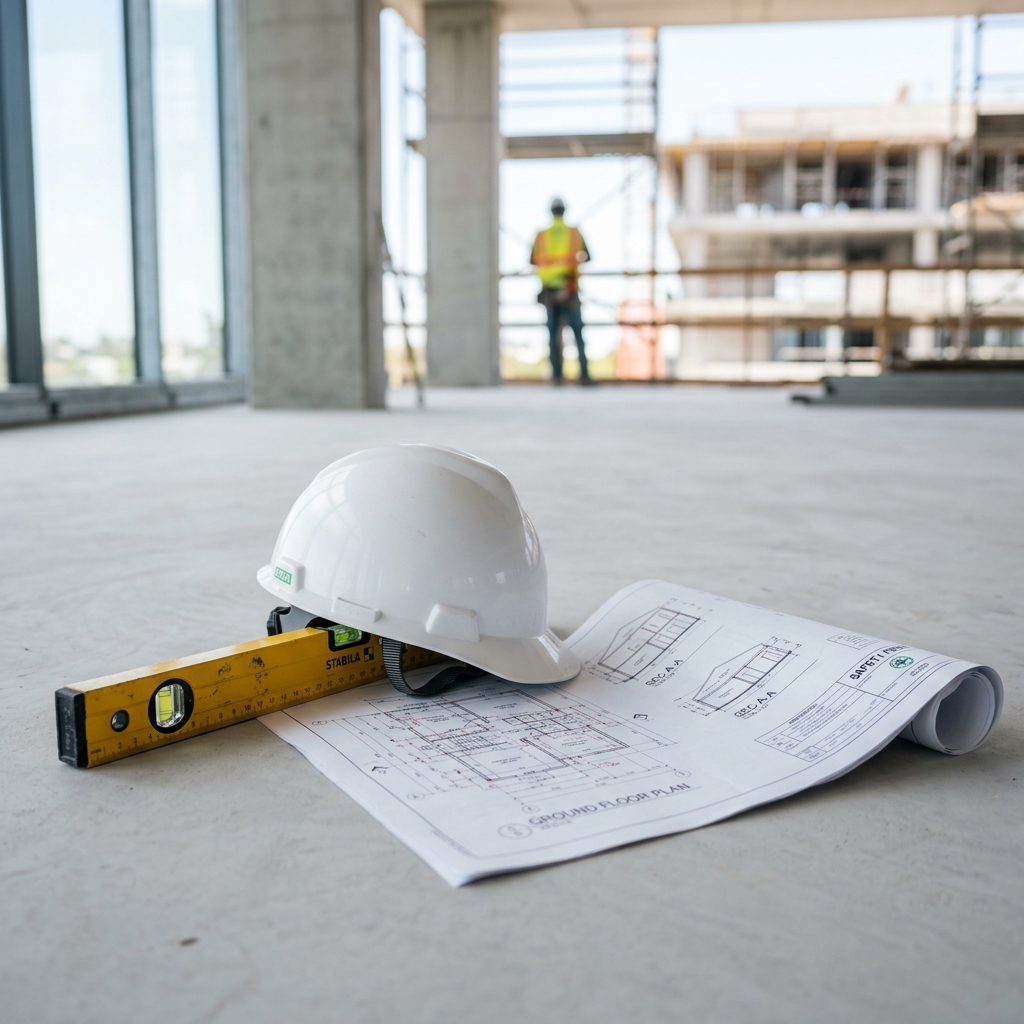 Casque de s&eacute;curit&eacute; blanc, plans techniques et niveau sur le chantier - XP S&eacute;curit&eacute;